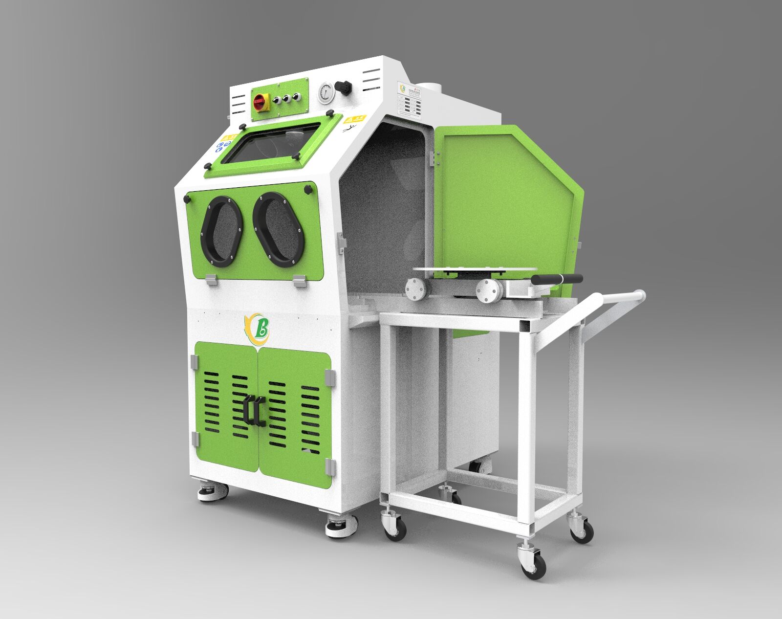 新型環(huán)保式手動推車轉(zhuǎn)臺噴砂機(jī)